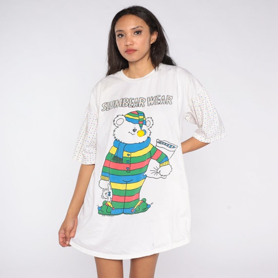 Teddy Bear Pajama Dress SlumBEAR Wear Nightgown Nightie 80s Graphic Retro Tshirt Dress Pun Kawaii Mini Small Medium Large