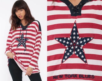 Camisa a rayas STAR Camisa de manga larga Patriótica Americana Náutica Marinero 90s Yate Retro Camiseta Vintage Rojo Blanco Azul Mediano Grande