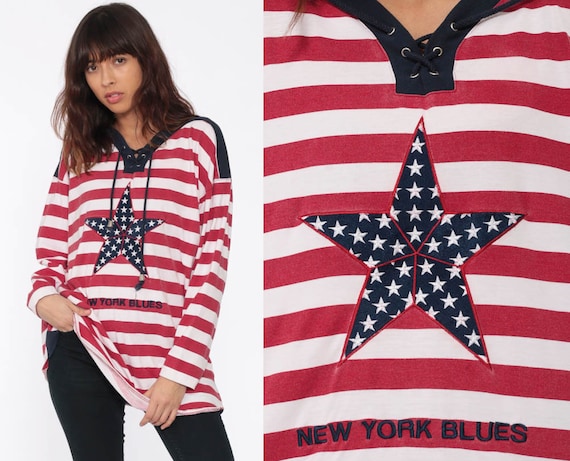 Striped Shirt STAR Long Sleeve Shirt Patriotic American Nautical Sailor 90s Yacht Retro Tee Tshirt Vintage Red White Blue Medium Large