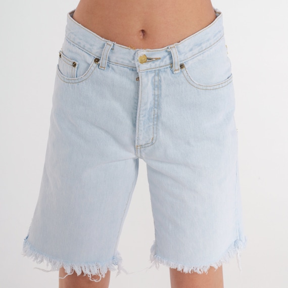 90s Guess Shorts Bermuda Denim Cutoffs Mid Rise Cutoff Light Stone Wash Jean Shorts Retro Frayed Blue Knee Length Vintage 1990s Small S 29