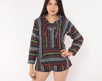 90s Baja Hoodie Drug Rug Black Rainbow Striped Pullover Hooded Sweatshirt Woven Cotton Long Sleeve Surf Skate Stoner Mexican Extra Small XS