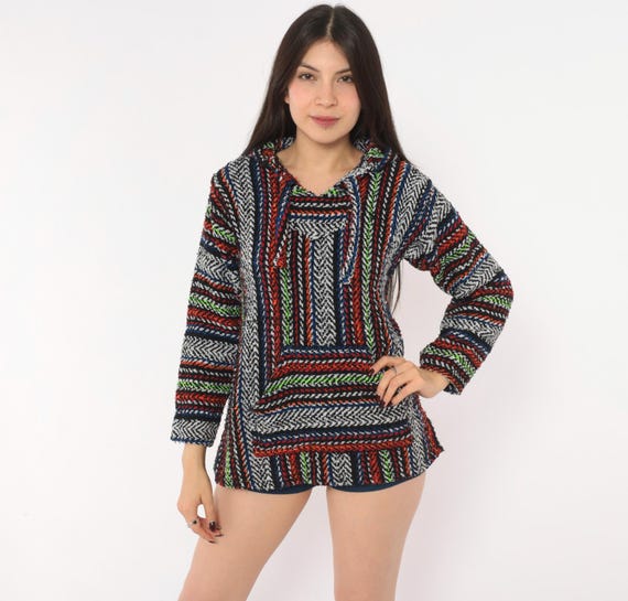 90s Baja Hoodie Drug Rug Black Rainbow Striped Pullover Hooded Sweatshirt Woven Cotton Long Sleeve Surf Skate Stoner Mexican Extra Small XS