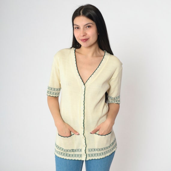 70s Cream Knit Top Short Sleeve Cardigan Shirt Button Up Sweater Retro Ringer Top Basic Blouse V Neck Knitwear Pocket Vintage 1970s Medium