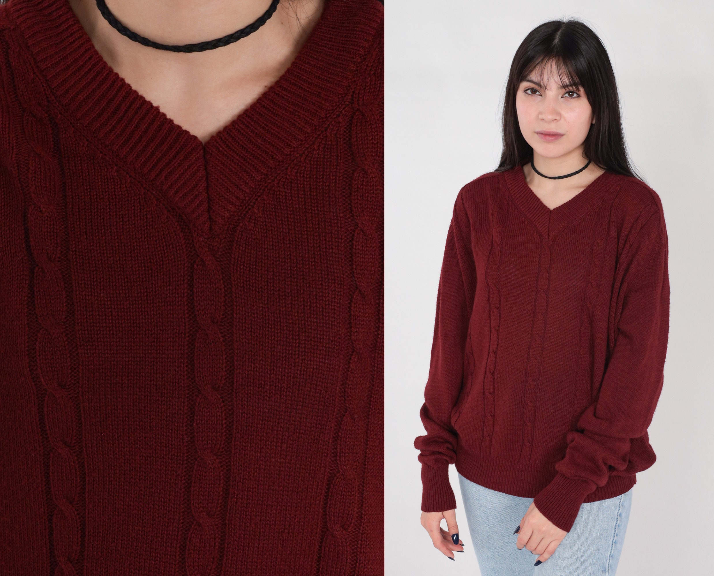 stormloop Implicaties comfortabel Maroon Sweater 80s Cable Knit Pullover Sweater V Neck Simple Basic Plain  Fall Chunky Cableknit Jumper Acrylic Vintage 1980s Mens Large L
