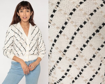 80s Cardigan Sweater White Button up Knit Sweater Textured Diamond Print Retro Casual Neutral Tan Black Vintage 1980s Cotton Ramie Medium M