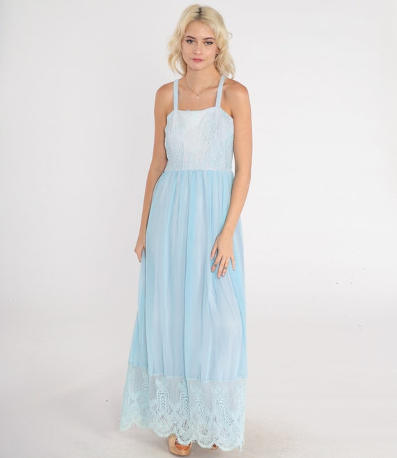 70s Boho Dress Baby Blue Lace Sundress Pastel Maxi Hippie Dress 1970s Vintage Sun Prairie Bohemian Summer High Waist Festival Small S