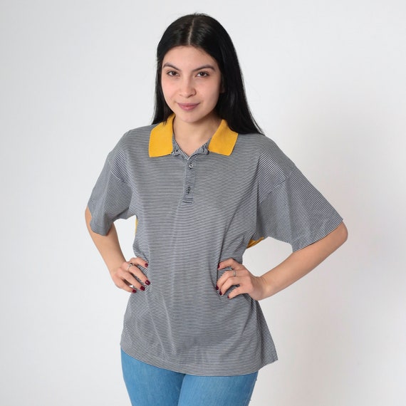 90s Polo Shirt Navy Blue White Striped Quarter Button Shirt Yellow Collar Retro Short Sleeve Shirt Preppy Italian 1990s Vintage Large