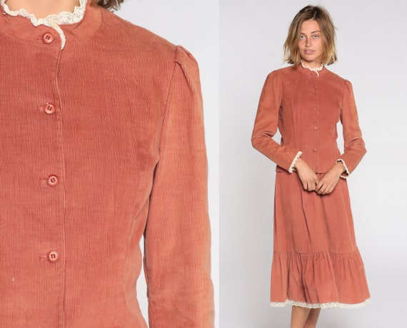 Corduroy Two Piece Dress 70s 80s Blouse and Skirt Set Prairie Dress Lace Button Up Brown Long Puff Sleeves Suit Outfit Vintage 1980s Small