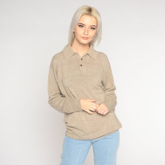 Tan Sweater Top Y2k Knit Polo Shirt Long Sleeve Retro Neutral Basic Simple Plain Collared Button Up Vintage 00s Geoffrey Beene Mens Medium M