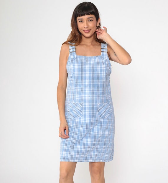 Checkered Jumper Dress 90s Mini Blue Plaid Print Overall Dress Pinafore Sleeveless Buckle Strap Sheath MiniDress 1990s Vintage Grunge Medium