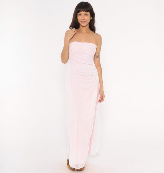 Y2K Baby Pink Party Dress Rhinestone Strapless Gown Sweetheart Neckline Formal Prom Evening Chiffon Silhouette Blush Rose Vintage Large L