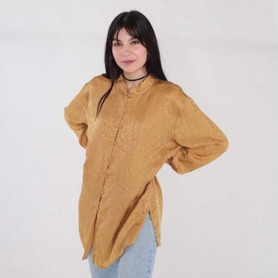 Gold Silk Tunic Top 90s Paisley Floral Embossed Button up Blouse Long Sleeve Side Slit Retro Bohemian Hippie Shirt Vintage 1990s Large L