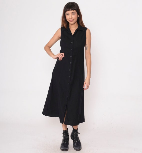 Black Sun Dress y2K Cutout Button Up Midi Dress Strappy Cut Out Sleeveless Sundress Linen Rayon Collared Sun Dress Summer Vintage Small S