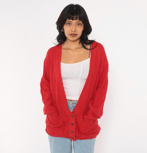 80s Red Cardigan Chunky Knit Grandpa Sweater V Neck Button Front Patch Pockets Chevron Cherry Slouchy Boxy Fit Winter Valntines Day Small S
