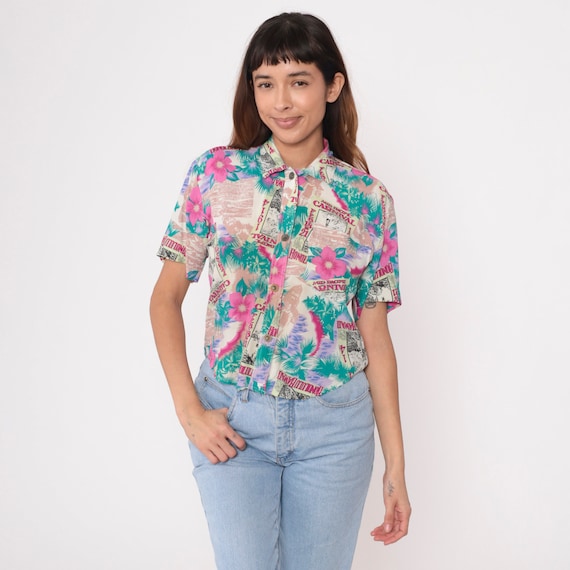 90s Tropical Hawaiian Shirt 1914 Mid-Pacific Carnival Honolulu Surfer Button Up Vintage Surf Floral Vacation Short Sleeve Extra Small xs