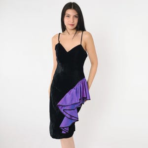 Robe de soirée en velours vintage des années 80 en taffetas violet noir à volants Midi décolleté en coeur Cocktail des années 80 robe de soirée formelle petit 4