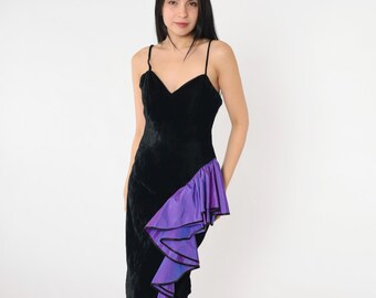 Vintage Velvet Party Dress 80s Black Purple Taffeta Ruffle Midi Sweetheart Neckline Cocktail 1980s Going Out Dress Formal Small 4