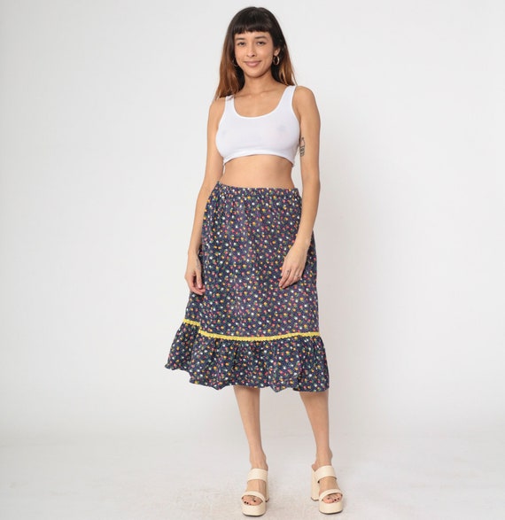 70s Floral Skirt Navy Blue Calico Print Midi Skirt Blue Bohemian Skirt Retro Tiered Cottagecore Boho Hippie Flounce Vintage 1970s Medium