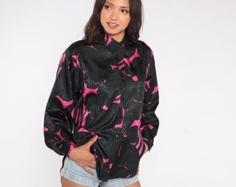 90s Abstract Top Hot Pink Black Blouse Pattern Button Down Graphic Print Long Sleeve Party Club Night Office Formal Wear Secretary Size 5 6