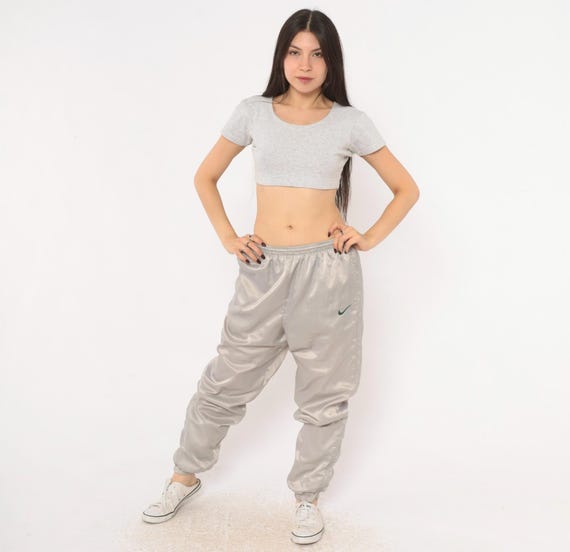 90s Nike Track Pants Grey Windbreaker Bottoms Drawstring Tapered Joggers Silver Shiny Athletic Gym Trousers Ankle Zip Vintage Medium M