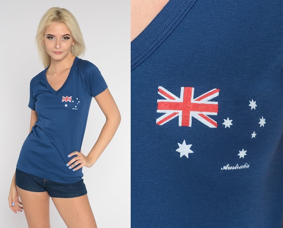 80s Australia Shirt Navy Blue V Neck Tee Retro Raglan Sleeve T-Shirt Tourist Australian Flag Single Stitch Vintage 1980s Extra Small XS S
