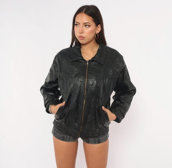 90s Patchwork Leather Bomber Jacket Black Moto Biker Coat Grunge Rocker Punk Slouchy Boxy Side Pockets Long Sleeve Motorcycle Womens Small S