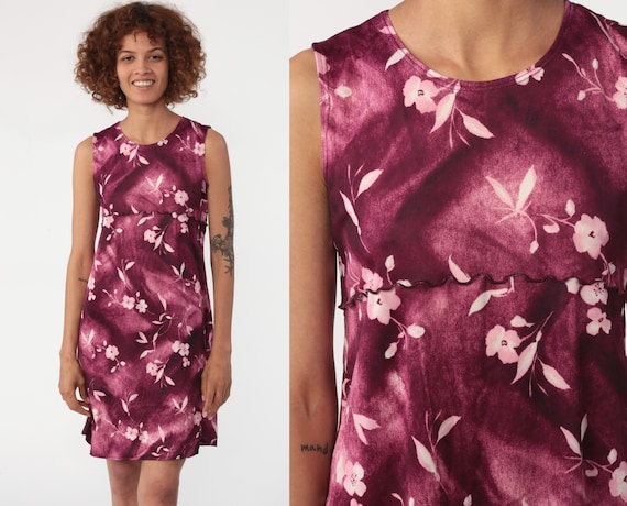 Floral Mini Dress 90s Grunge Mini Purple Sheath LETTUCE EDGE Ruffle Bohemian 1990s Vintage Boho Sleeveless Sun Dress Minidress Small