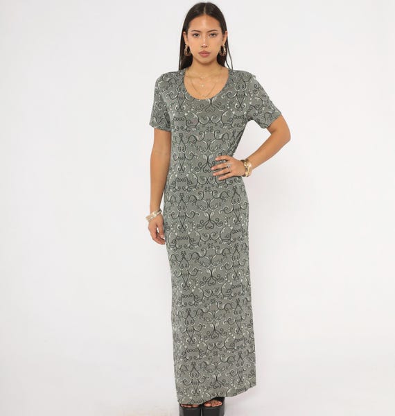 Grey Baroque Scrollwork Maxi Dress 90s Ornate Damask Short Sleeve Pullover Charcoal Black Floor Length Soft Grunge Alt Vintage Large L