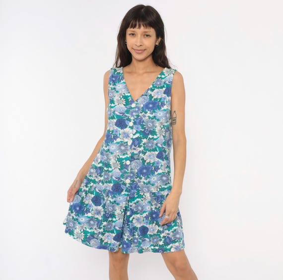 90s Floral Romper Blue Teal White Button Front V Neck Sleeveless Cotton Blend Pleated Shorts Summer Jumpsuit Vintage Playsuit Medium M