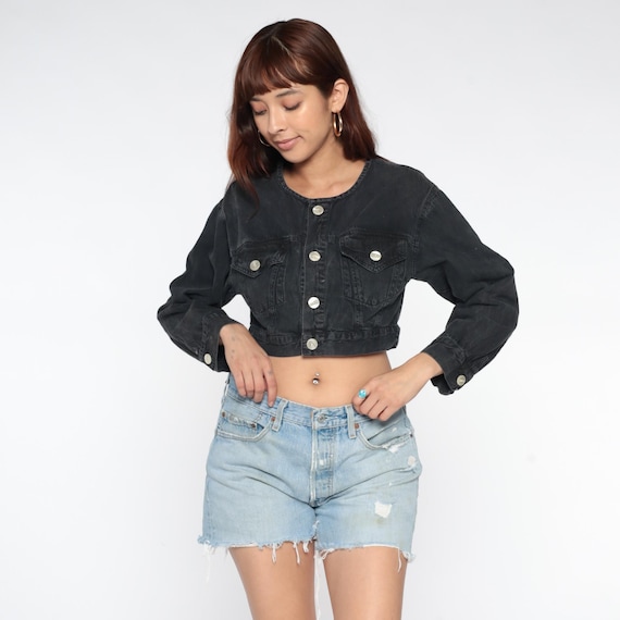 Cropped Black Denim Jacket 80s Distressed Bleach Spots Grunge Fitted Collarless Vintage Jean Jacket Alternative Gothic Day Shacket Small S 4