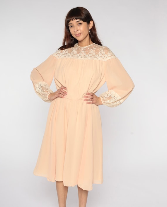 Peach Lace Dress 70s Party Dress Bohemian Dress Grecian Blouson Midi Boho Illusion Neckline 1970s Long Sleeve Vintage High Waisted Medium