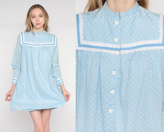 Baby Blue Tent Dress 70s Polka Dot Mini Dress Ruffled Bib Heart Button Up Day Dolly Babydoll Boho Hippie Trapeze Vintage 1970s Small Medium