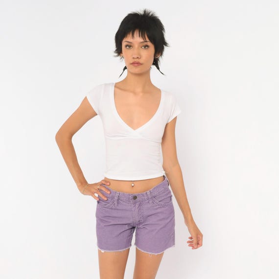 80s Purple Corduroy Shorts Cut Off Raw Hem Lavender Cotton Low Rise Zip Front Five Pocket Short Inseam Cutoff Womens Extra Extra Small XXS