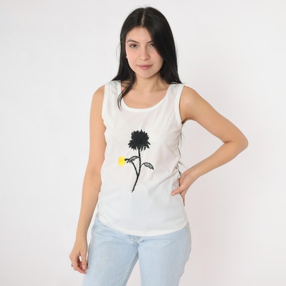 Vintage Floral Embroidered Tank Top 70s White Sleeveless Black Rose Blouse Hippie Summer Single Stitch 1970s Boho Scoop Neck Extra Small xs