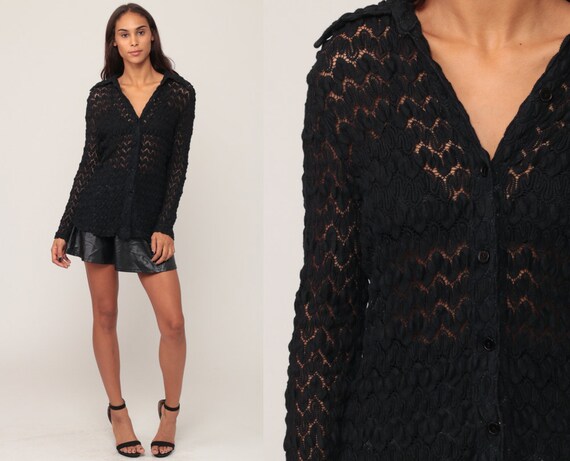 Crochet Top 70s Boho Blouse SHEER Black Shirt Open Weave Cut Out Vintage Bohemian Shirt Knit Long Sleeve Cutwork Button Up Small Medium