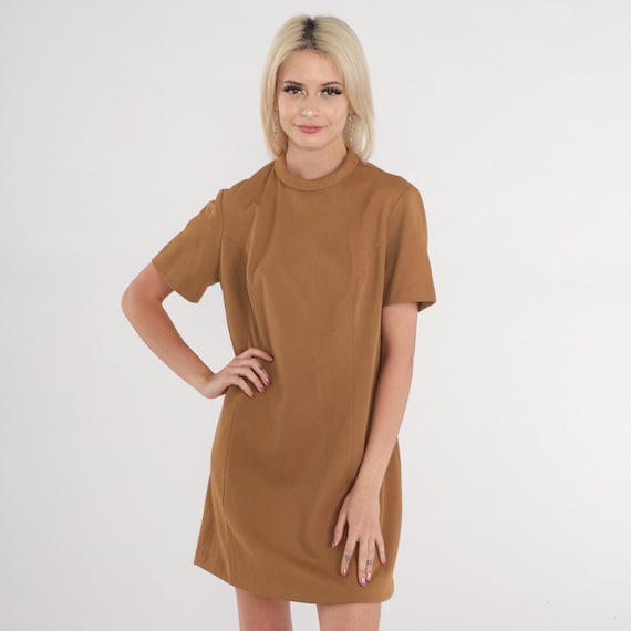 Brown Shift Dress 60s Mod Mini Dress 70s Space Age Plain Polyester Vintage 1960s Plain Short Sleeve Medium Large
