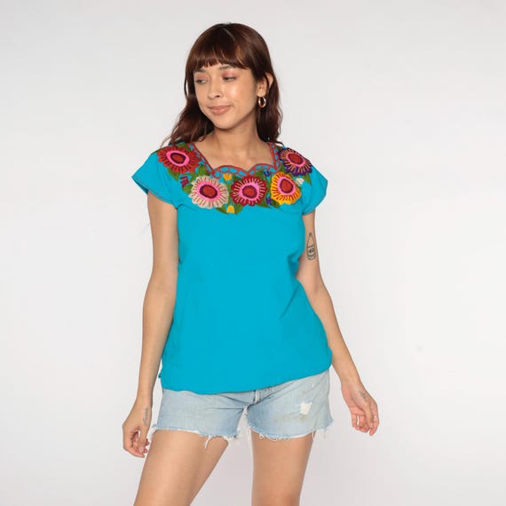 Mexican Floral Blouse 90s Blue Embroidered Top Peasant Hippie Short Sleeve Folk Shirt Summer Boho Vintage 1990s Small S