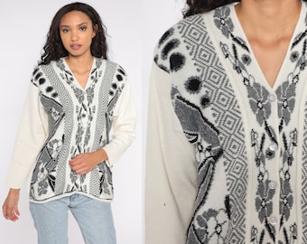 Geometric Floral Sweater 80s Knit Cardigan Sweater Grandma Slouchy Button Up White Grey Jacquard Vintage Knitwear Darling Cozy Medium M