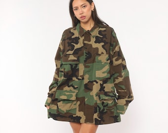 Camo BDU Jacket 90s Military Shirt Woodland Camouflage Army Field Coat Olive Green Brown Combat Utility Cargo Pocket Vintage Extra Large XL