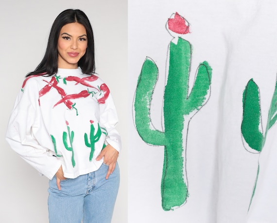 90s Southwestern Shirt Hand Painted Chili Pepper Cactus Tshirt Southwest Shirt Graphic Tee Desert Boho Long sleeve Top White Oversize Large
