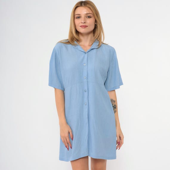 Vintage Light Blue Mini Dress Y2K Plain Short Sleeve Shift Button Up Dress Chic Classic High Waisted 00s Small Medium