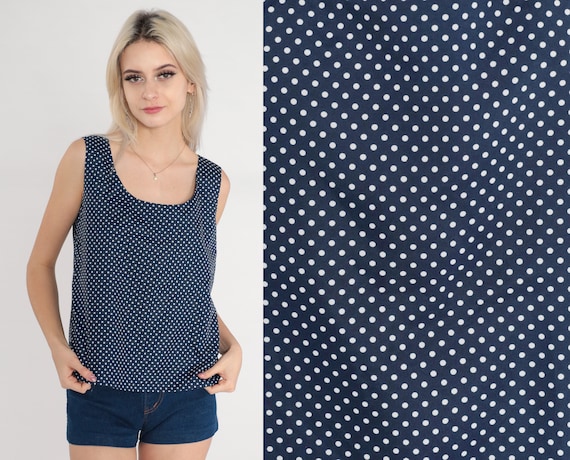 70s Tank Top Polka Dot Blouse Navy Blue White Sleeveless Shirt Retro Hippie Summer Seventies Mod Button Back Casual Vintage 1970s Small S