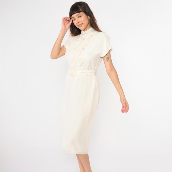 80s Party Dress Floral Embroidered Rhinestone Beaded Dress Cream Belted High Waist Midi Short Dolman Sleeve Formal Evening Vintage Small 6