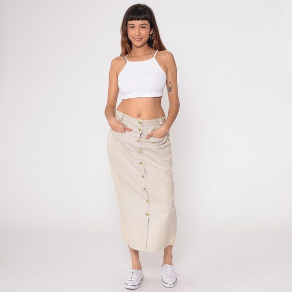 90s Tommy Hilfiger Khaki Skirt Cotton Cream Tan Neutral A Line High Waist Vintage Preppy Light Academia Classic Style Soft Grunge Large L