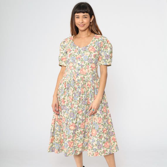 80s Floral Dress Cottagecore Tulip Dress Puff Sleeve Midi Dress 1980s ShirtDress Low Waist Boho Scoop Neck Vintage Button Up Small Medium