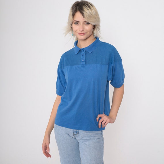 Blue Polo Shirt 90s Knit Yoke Collared Shirt Preppy Basic Short Sleeve Top Quarter Button Up Plain Casual Single Stitch Vintage 1990s Large