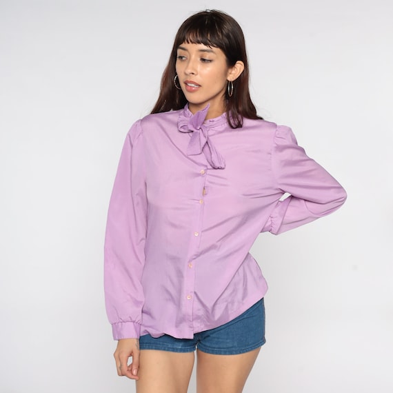 Purple Necktie Blouse 80s Lavender Ascot Bow Shirt Secretary Long Puff Sleeve Top Button Up Top Pastel Ruffle Collar Vintage 1980s Medium M