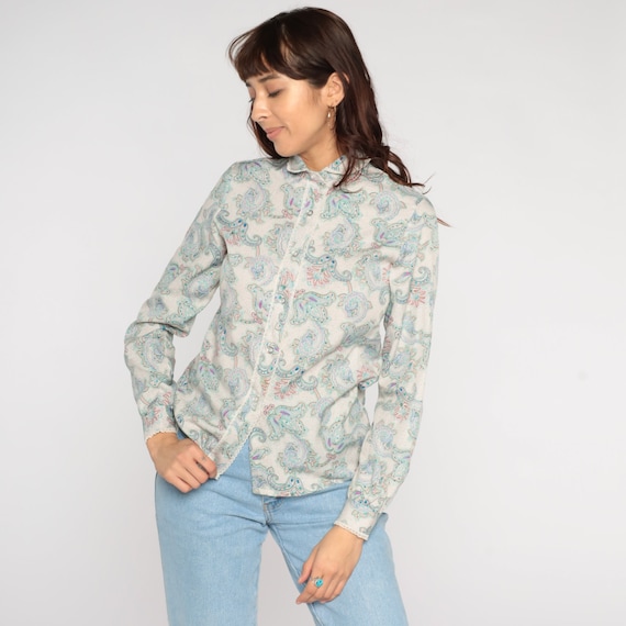 Paisley Blouse 80s Peter Pan Collar Button Up Shi… - image 2