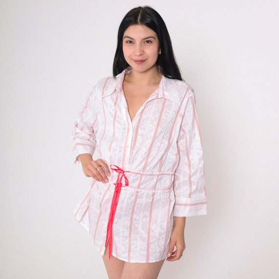 00s Striped Blouse Y2K White Red Drawstring Ribbon Tie Waist Shirt Metallic Silver Vintage Long Sleeve Button Up Shirt Petite Large