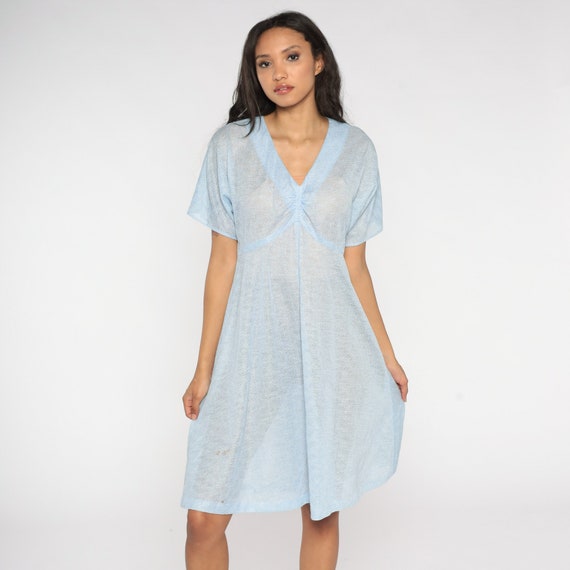 Baby Blue Dress 70s Babydoll Dress Semi-Sheer Dress Mini Dress 1970s Boho Empire Waist V Neck Pastel Vintage Minidress Short Sleeve Medium